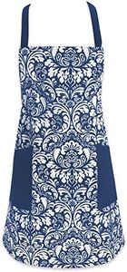 DII Cotton Adjusatble Women Kitchen Apron with Pockets and Extra Long Ties, 37.5 x 29, Cute Apron for Cooking, Baking, Gardening, Crafting, BBQ-Damask Nautical Blue