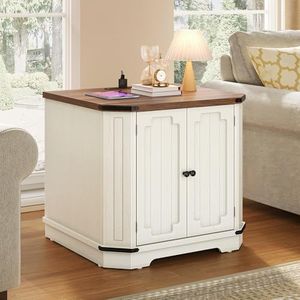 YITAHOME Farmhouse End Table with Built-in Power Outlets & Adjustable Shelf | Multi-Function Wood Nightstand for Sofa, Bedside & Living Room | Rustic White Finish