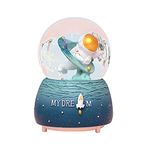 Rocket Astronaut Musical Snow Globe, 100mm Resin Decorative Table Top Snow Globe with Colorful Lights & Automatic Snowflakes for Home Décor (Blue)