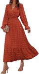 BTFBM Women Fall Dresses 2025 Long Sleeve V Neck Swiss Dots Maxi Dress Boho Long Dress High Waisted A-Line Ruffle Dress(Solid Brick Red,Small)