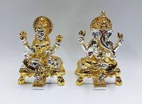 Gold Art India Peeth Laxmi Ganesha Gold & Silver Plated Two Tone Idol for Home with Gold Plated Coin Laxmi Ganesh Idol for Diwali Pooja Laxmi Ganesh Murti for Gift, Laxmi Ganesh Idol Set, (2.75" Inch)