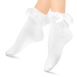 WY LIGHTING LEVEL Women Lace Ankle Socks, Lace Ruffle Frilly Ankle Socks Calf Socks for Women, White Soft Cotton Socks Cute Lace Socks for Girl, Mesh Lace Trim Socks Lolita Socks(Bow Lace)