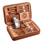 Travel Cigar Case, Portable Cigar Humidor Crocodile Leather Cigar Storage Case Wooden Box for 4 Cigars with Lighter and Cigar Cutter (Brown)