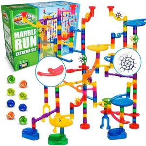 Marble Genius Marble Run Extreme Set - 145 Complete Pieces + Free Instruction App (125 Translucent Marbulous Pieces + 20 Glass Marbles)