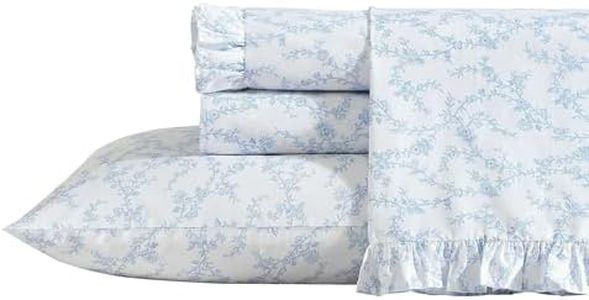 Laura Ashley - Queen Size Sheet Set, Crisp Cotton Percale Bedding with Ruffle Pillowcases, Fully Elastic Deep Pocket Fitted Sheet, Floral Room Decor, Breathable All-Season Comfort (Victoria Blue)