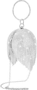 Saintrygo Disco Round Purse Silver Circle Ball Crystal Clutch Rhinestone Evening Tassel Women Handbags with Long Chain, Silver, Silver