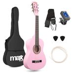 Max SoloArt Junior 1/4 Classical Acoustic Beginner Guitar Kit Pink – Complete Starter Set with Nylon Strings, Digital Tuner, Spare Strings, Picks & Soft Bag – Music Gift for Kids Aged 4-8