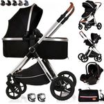 Baby Buggy Pram Pushchair Stroller 3 in 1 with Car Seat Carrycot Child Lightweight Folding Stroller Travel System Pram for Newborns & Toddlers from Birth (BBA - Black Silver, BBA)