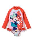 Disney Mickey and Friends Girl One Piece Long Sleeve Swimsuit Rashguard Bathing Suit, Red, 8-9 Years