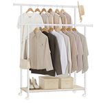 SONGMICS Clothes Rail, Portable Clothes Rack, 98.5 cm Double Clothes Hanging Rail, Metal Frame, with Storage Shelf, Loads up to 100 kg, Cloud White and Natural Beige HSR152W01