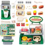 Toy Cash Register for Kids 35PCS Play Cash Register Toys Play Store with Beverage Machine Dollar Hamburger Sandwich Fries Egg Tart Play Money Food Toys Gift for Toddlers Boys Girls Aged 3+