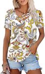 syoss Women's Summer Casual T-Shirt Cross Cut V-Neck Tops Short Sleeve Tunic Loose Blouse Shirts, White Phoenix Plume, Small