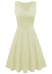 YMING Women Sleeveless Dress Pleated Bodice Solid Color V Neck Dress Swing Hem Princess Knee Long Dress Beige XXL