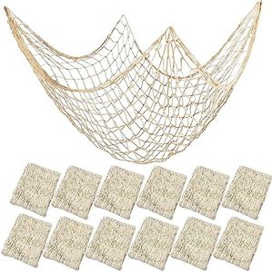 12 Pieces Natural Fish Net Decoration 80" x 40", Wall Hanging Cotton Fishnet Decor for Underwater, Mermaid, Pirate, Hawaiian, Nautical Ocean Theme Beach Bash Party Decoration (Beige)