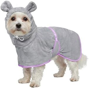 Dog Bathrobe Super Absorbent Towel Robe - Microfiber Bath Towels Fast Drying Coat for Dogs, Cute Dogs Clothes Adjustable Collar & Belly Strap Warm Keeping Hooded Dog Towel (Grey, Medium)