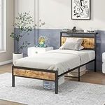 JURMERRY Single Bed Frame with Wooden Storage Shelf Headboard, Metal Platform Bed Frame, No Box Spring Needed, Noise Free, Reinforced Strong Support Leg,Black