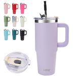 30oz Tumbler with Handle, Double Wall Vacuum Insulated Water Bottle with Straw and Lid, Stainless Steel Travel Coffee Mug, Reusable Thermal Cup for Beverages, Fit in Cup Holder(Purple)