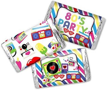 Amanda Creation Totally Awesome 80's Themed Birthday Party Mini Chocolate Candy Bar Sticker Wrappers, 45 1.4" x 2.6" Wrap Around Labels, Great for Party Favors
