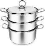 Penguin Home 3 Tier Stainless Steel Food Steamer Pan Set, Induction Safe Stainless Steel Lid with Knob, Sturdy Steel Handles, Kitchen Pan Steamer Set for Cooking, (20 Cm) Silver