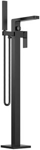 GRANDJOY Matte Black Freestanding Bathtub Faucet with Waterfall Spout, Square Hand Shower, Single Handle Solid Brass Tub Filler, Floor Mount Geometric Tub and Shower Combo