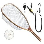 ONROCL Fly Fishing Net Trout Net with Magnetic Release and Rod Holder Wooden Frame Landing Net with Soft Rubber Mesh for Catch and Release (Clear Small Holes)