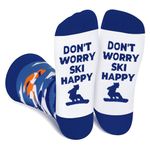 Funny Ski Socks for Men Women Teenage Boys - DON’T WORRY SKI HAPPY Novelty Crazy Silly Funky Snowboard Sock Gifts for Skiers - Skiing Accessories Birthday Fun Gift Ideas Christmas Stocking Stuffers