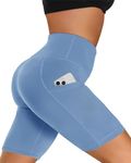 Biker Shorts Women with Pockets - 3"/5"/8" High Waisted Soft Tummy Control Workout Shorts for Yoga Athletic Gym Light Blue