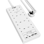 Extension Lead with USB Slots, 8 Way Socket Surge Protection with 4 USB Charger(2C+2A) Multi Plug 2990W Safety Shutter with 1.8M Braided Extension Cord for TV PC Laptops Tablets