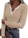 Zeagoo Womens Long Sleeve Tops Stripe V-Neck Shirts Casual Ribbed Knit Slim Fit Basic Tee,Caramel+White,S