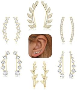 FINREZIO 6Pairs Ear Cuffs Climber Hoop Earring CZ Arrow Crawler Stud Earring Jacket for Women Gold