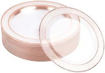 MATANA 20 Clear Plastic Party Plates 10" Inch/ 26cm - Hammered Rose Gold Rim Dinner Plates, Salad Dessert, Appetizer Plates - Heavy Duty & Reusable for Christmas Parties, Wedding & Events