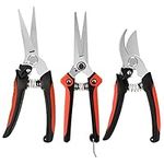 J&D Garden Pruning Set, Professional Hand Pruners Bypass Pruners Cutter Secateurs Pruning Shears Flower Shears Hedge Shears Scissors for Garden Lawn Work, Stainless Steel Blade Spring Lock, 3 Pcs