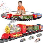 deAO Christmas Train Set for Kids, Electric Christmas Tree Train Set with Light, Sounds and Smoke Effect, Christmas Train Sets for Under Christmas Tree with 4 Random Alloy Cars