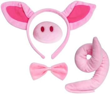 Jmkcoz Pig Costume Set Pig Ears Headband Nose Tail Bow Pink Pig Fancy Dress Costume Accessories for Kids Adults Halloween Dress up Play Party