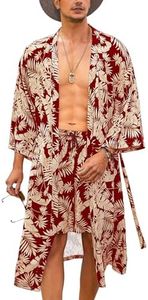 COOFANDY Men Lightweight 2 Piece Kimono Robe with Shorts Japanese 3/4 Sleeve Robes Casual Open Front Long Cardigan With Belt, Red(leaves), Large