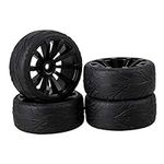 Mxfans RC 1:10 On-road Car Black Fish Scale Pattern Rubber Tyre & Black Plastic Concave 10-Spoke Wheel Rim 12mm Drive Hex Pack of 4