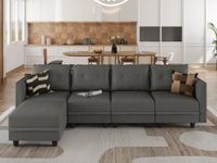 LLAPPUIL Modular Sectional Sofa Faux Leather Fabric L Shaped Sofa with Storage, 5 Seater Sofa with Reversible Chaise, Modern Modular Couch with Ottoman, Dark Grey