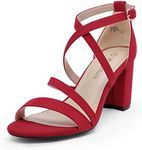 DREAM PAIRS Women’s Ankle Strap Dress Pump Low Chunky Heel Sandals,Size 8W,Red-Suede,MADISON