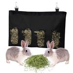 Rabbit Hay Feeder Bag Guinea Pigs Hanging Hay Rack Manger Holder Dispenser Small Animal Feeder Storage Pouch for Bunny Chinchilla Hamster (4 Windows, Black)