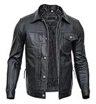 Mens Black Trucker Leather Jacket | Slim Fit Classic Button Chest Pockets leather jacket (L, Black)