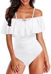 Holipick Women Off Shoulder One Piece Swimsuits Tummy Control Bathing Suits Vintage Ruffle Swimwear, White, Medium