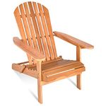 Tangkula Folding Adirondack Chair, Weather Resistant Outdoor Chair, Eucalyptus Wood Adirondack Lounger Chair for Patio Porch Deck Poolside and Backyard (1, Natural)