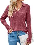 Gemulate Women's Long Sleeve Tops V Neck Jumpers Ladies Lightweight Sweatshirt Ribbed Top Oversized Jumper Women -Wine Red, L