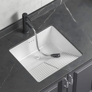 Undermount Bathroom Sink with Washboard, 21.9 x 18.1 Inch White Porcelain Ceramic Vessel Sink with Overflow, Pull-Out Faucet & Drain Kit, Under Counter Lavatory Vanity Sinks for Bathroom, Laundry Room