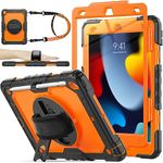 SEYMAC stock Case for iPad 9th/8th/7th Generation 10.2'', [Full-Body] Drop Proof Armor Case with 360° Rotating Stand [Pencil Holder][Screen Protector] Hand Strap, usLightOrange
