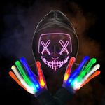 JIGUOOR LED Mask Halloween, LED Purge Mask & Gloves for Adults Women, Halloween 3 Modes Light up LED Scary Face Mask for Parties Cosplay, Halloween, Festival, Carnival Costume