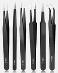 Vastar Precision Tweezers Set, 6 Pieces Anti-Static ESD Tweezers Kit, ESD-10 / ESD-11 / ESD-12 / ESD-14 Pointed Tip, ESD-13 Rounded Tip, ESD-15 Curved Tip, for Jewelry-Making, Craft, Soldering, etc