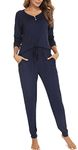 Vlazom Pyjamas Set for Women, Soft Two Pieces Pjs Sets Long Sleeve Button Down Tops and Pants Sleepwear with Pockets, A-Navy Blue,M