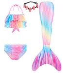 Kokowaii Fancy Girls Swimming Mermaid Kids Memaid Costume Mermaid Dress Swimwear Sets Light Pink Rainbow,7-8 Years,Tag 130cm