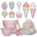 MarcZero 17Pcs Silicone Beach Toys,Modern Baby Beach Toys,Travel Friendly Beach Set,Silicone Bucket, Watering Can, Shovel, 12 Sand Molds, Beach Bag,Silicone Sand Toys for Toddlers, Kids (Pink)